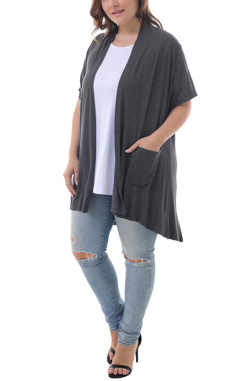ZERDOCEAN Women's Plus Size Short Sleeve Lightweight Soft Printed Drape Cardigan with Pockets Dark Gray 3X - Image 5
